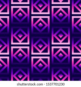 Geometric oriental grid seamless pattern. Vector wallpaper for textiles, posters, cards, wrapping paper. Synthwave, retrowave aesthetics. Holographic gradient shapes background.