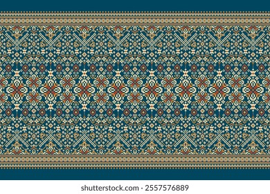 Geometric oriental pattern,geometric floral pattern on blue background,vector illustration,floral cross stitch pattern,Aztec style,abstract background.design for texture,fabric,clothing,decoration.