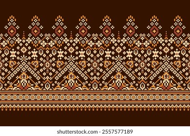 Geometric oriental pattern,geometric floral pattern on brown background,vector illustration,floral cross stitch pattern,Aztec style,abstract background.design for texture,fabric,clothing,decoration.