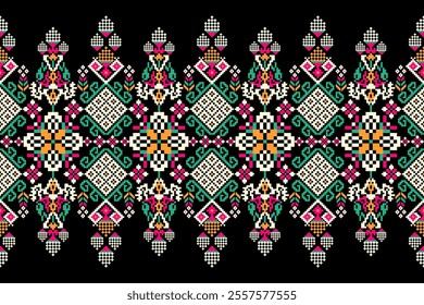 Geometric oriental pattern,geometric floral pattern on black background,vector illustration,floral cross stitch pattern,Aztec style,abstract background.design for texture,fabric,clothing,decoration.