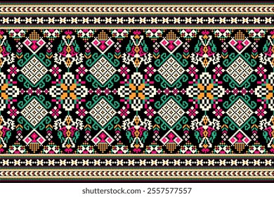 Geometric oriental pattern,geometric floral pattern on black background,vector illustration,floral cross stitch pattern,Aztec style,abstract background.design for texture,fabric,clothing,decoration.