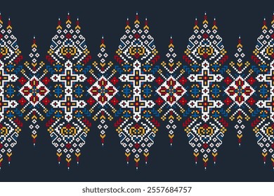 Geometric oriental pattern,geometric floral pattern on black background,vector illustration,floral cross stitch pattern,Aztec style,abstract background.design for texture,fabric,clothing,decoration.