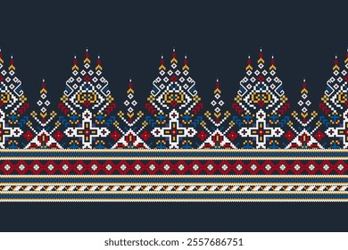 Geometric oriental pattern,geometric floral pattern on black background,vector illustration,floral cross stitch pattern,Aztec style,abstract background.design for texture,fabric,clothing,decoration.