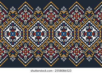 Geometric oriental pattern,geometric floral pattern on black background,vector illustration,floral cross stitch pattern,Aztec style,abstract background.design for texture,fabric,clothing,decoration.