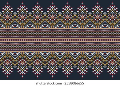 Geometric oriental pattern,geometric floral pattern on black background,vector illustration,floral cross stitch pattern,Aztec style,abstract background.design for texture,fabric,clothing,decoration.