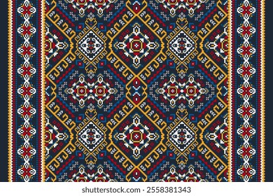 Geometric oriental pattern,geometric floral pattern on black background,vector illustration,floral cross stitch pattern,Aztec style,abstract background.design for texture,fabric,clothing,decoration.