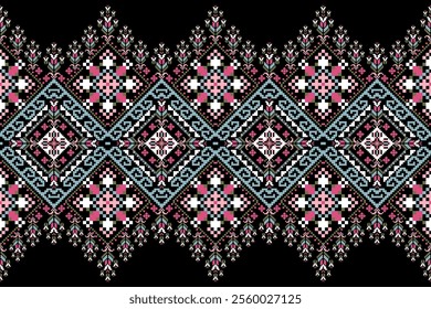 Geometric oriental pattern,geometric floral pattern on black background,vector illustration,floral cross stitch pattern,Aztec style,abstract background.design for texture,fabric,clothing,decoration.