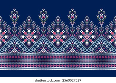 Geometric oriental pattern,geometric floral pattern on blue background,vector illustration,floral cross stitch pattern,Aztec style,abstract background.design for texture,fabric,clothing,decoration.