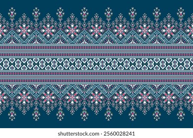 Geometric oriental pattern,geometric floral pattern on blue background,vector illustration,floral cross stitch pattern,Aztec style,abstract background.design for texture,fabric,clothing,decoration.