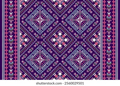 Geometric oriental pattern,geometric floral pattern on purple background,vector illustration,floral cross stitch pattern,Aztec style,abstract background.design for texture,fabric,clothing,decoration.