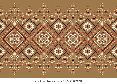 Geometric oriental pattern,geometric floral pattern on brown background,vector illustration,floral cross stitch pattern,Aztec style,abstract background.design for texture,fabric,clothing,decoration.