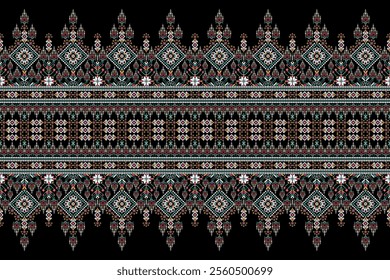 Geometric oriental pattern,geometric floral pattern on black background,vector illustration,floral cross stitch pattern,Aztec style,abstract background.design for texture,fabric,clothing,decoration.