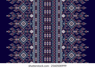 Geometric oriental pattern,geometric floral pattern on blue background,vector illustration,floral cross stitch pattern,Aztec style,abstract background.design for texture,fabric,clothing,decoration.