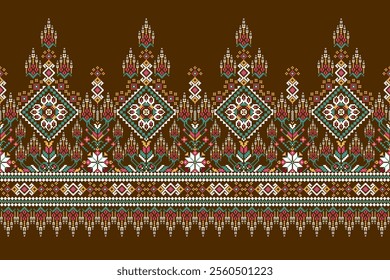 Geometric oriental pattern,geometric floral pattern on brown background,vector illustration,floral cross stitch pattern,Aztec style,abstract background.design for texture,fabric,clothing,decoration.