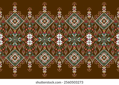 Geometric oriental pattern,geometric floral pattern on brown background,vector illustration,floral cross stitch pattern,Aztec style,abstract background.design for texture,fabric,clothing,decoration.