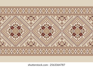 Geometric oriental pattern,geometric floral pattern on brown background,vector illustration,floral cross stitch pattern,Aztec style,abstract background.design for texture,fabric,clothing,decoration.