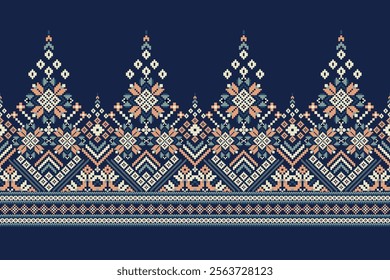 Geometric oriental pattern,geometric floral pattern on navy blue background,vector illustration,floral cross stitch pattern,Aztec style,abstract background.design for texture,fabric,clothing,decor