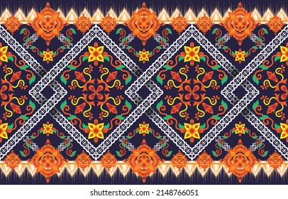 Geometric oriental traditional embroidery style. Ikat tribal floral seamless pattern. Ethnic Aztec fabric carpet mandala ornament native boho chevron textile