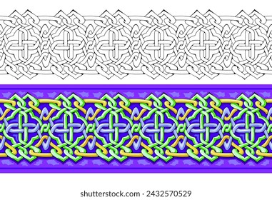 Geometric oriental weave design. Seamless pattern. Border ornament. Color and black and white template set. Print for decoration, fabric, embroidery, carpet, wallpaper. Flat vector illustration.