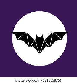Geometric origami bat silhouette flying in front of full moon against purple starry night sky background, low poly style vector illustration for Halloween theme design, banner, or greeting card