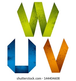 Geometric origami style font with old grunge texture, alphabet letters U V W vector.