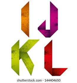 Geometric origami style font with old grunge texture, alphabet letters I J K L vector.