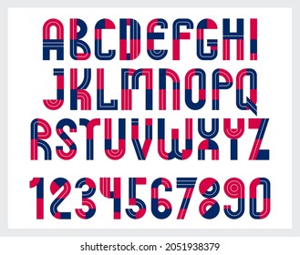 Geometric original font vector design, geometrical typography alphabet letters set including numbers, abstract unique letters type.