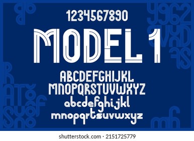 Geometric original font vector design, geometrical typography alphabet letters set including numbers uppercase and lowercase, abstract unique letters type.
