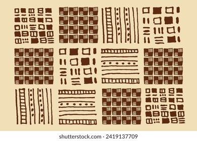 Geometric ornament of alternating squares, lines, and hatches. Vintage, graphics, hatching. Ink hand drawn