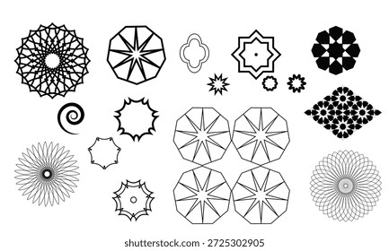 Ornamento geométrico para el patrón árabe, bosquejo blanco y negro. Ilustración vectorial. Elementos geométricos simétricos, aislados en el fondo blanco