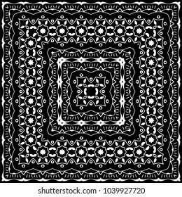 Geometric ornament background in black and white colors. Perfect for fabric design, bandanna, kerchief, tablecloth, carpet, rug, can be used as greeting card, invitation, etc.
