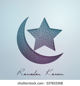 Geometric ornament in crescent and star for Ramadan Kareem background - Translation of text : Ramadan Kareem - May Generosity Bless you during the holy month