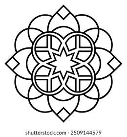 A geometric ornament design with interlocking squares and circles creates a balanced pattern.