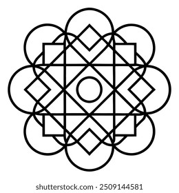 Un diseño de adorno geométrico con cuadrados y círculos entrelazados crea un patrón equilibrado.
