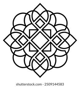 Un diseño de adorno geométrico con cuadrados y círculos entrelazados crea un patrón equilibrado.