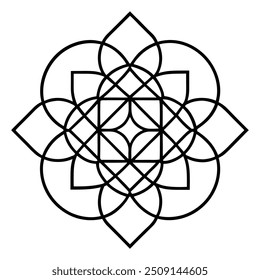 Um desenho de ornamento geométrico com quadrados e círculos entrelaçados cria um padrão balanceado.
