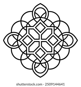 Un diseño de adorno geométrico con cuadrados y círculos entrelazados crea un patrón equilibrado.