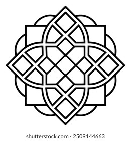 A geometric ornament design with interlocking squares and circles creates a balanced pattern.