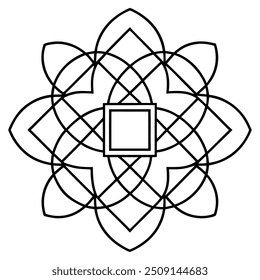 A geometric ornament design with interlocking squares and circles creates a balanced pattern.