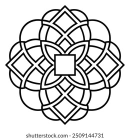 A geometric ornament design with interlocking squares and circles creates a balanced pattern.
