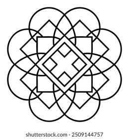 Um desenho de ornamento geométrico com quadrados e círculos entrelaçados cria um padrão balanceado.