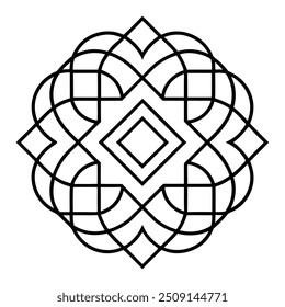 Um desenho de ornamento geométrico com quadrados e círculos entrelaçados cria um padrão balanceado.