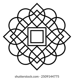 Um desenho de ornamento geométrico com quadrados e círculos entrelaçados cria um padrão balanceado.