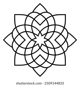 Um desenho de ornamento geométrico com quadrados e círculos entrelaçados cria um padrão balanceado.