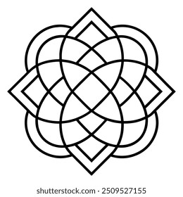 Um desenho de ornamento geométrico com quadrados e círculos entrelaçados cria um padrão balanceado.