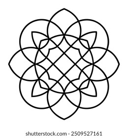Um desenho de ornamento geométrico com quadrados e círculos entrelaçados cria um padrão balanceado.