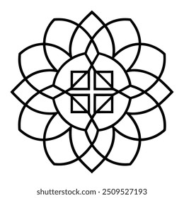 Un diseño de adorno geométrico con cuadrados y círculos entrelazados crea un patrón equilibrado.