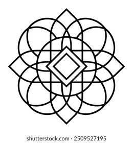 A geometric ornament design with interlocking squares and circles creates a balanced pattern.
