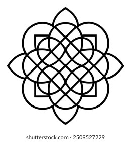 A geometric ornament design with interlocking squares and circles creates a balanced pattern.