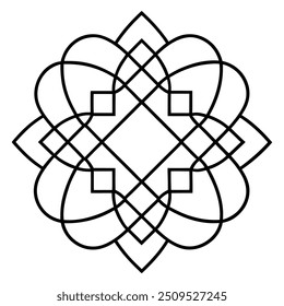 Um desenho de ornamento geométrico com quadrados e círculos entrelaçados cria um padrão balanceado.